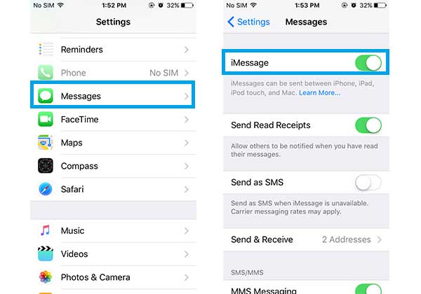 disable and enable imessage on iphone