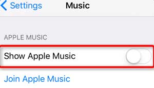 turn off show apple music feature on iphone