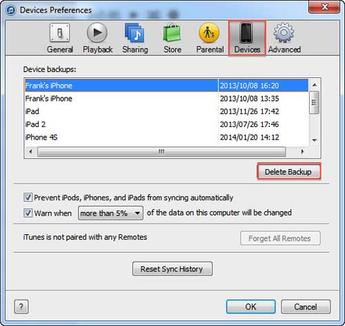 delete backup on itunes on windows