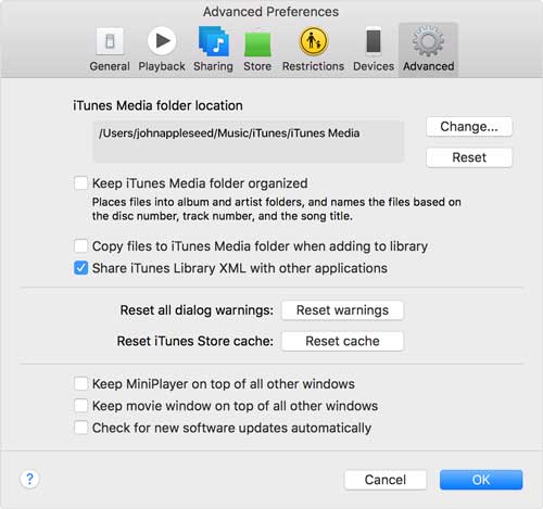 move to itunes advanced settings