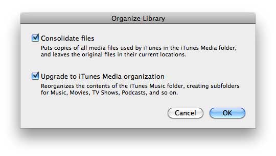 check consolidate files option on itunes