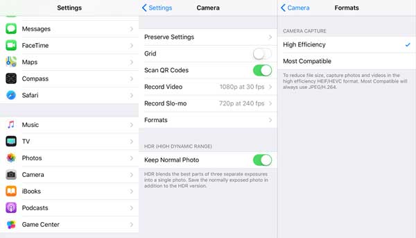 heic file format in iphone camera settings