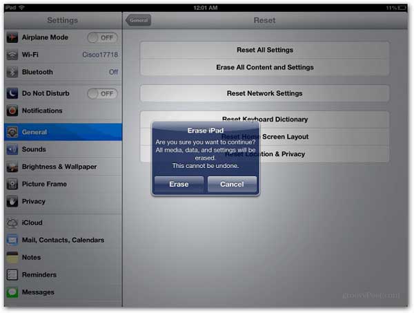 choose erase all content and settings to factory reset an ipad