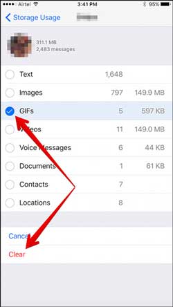 delete whatsapp media on iphone via settings