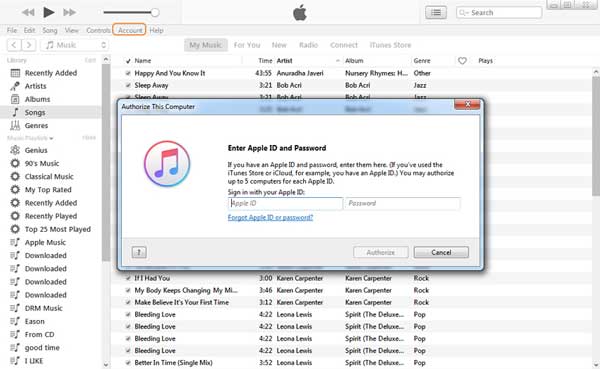 authorize an ipod to transfer purchased songs