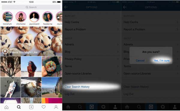 clear instagram search history to delete documents and data on iphone
