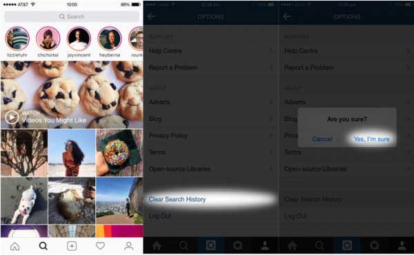 clear instagram search history on settings