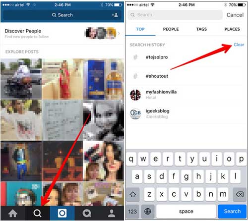 clear instagram search history on search page