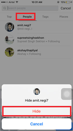 hide instagram search history