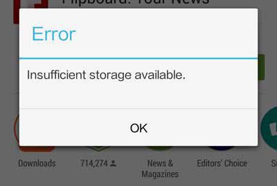 insufficient storage available on android