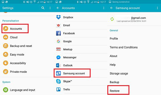 restore samsung backup with samsung account