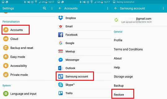 restore samsung account