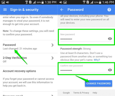 reset gmail password on android