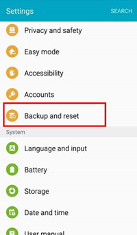 select backup and reset