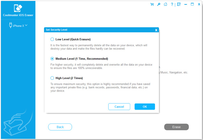 choose security level for erasing and confirm it