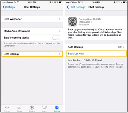 how to take whatsapp backup from iphone to icloud