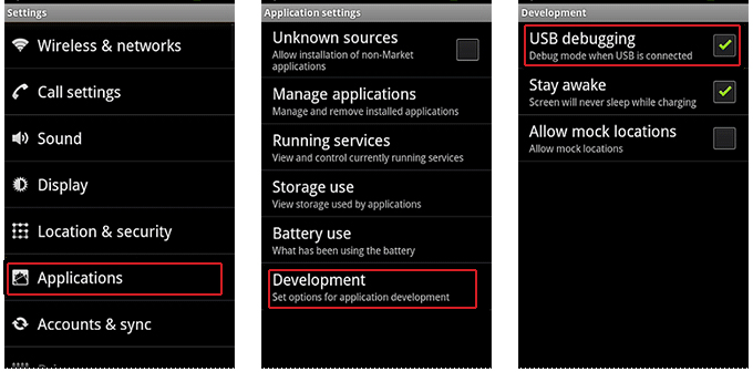 enable usb debugging on android 2.0