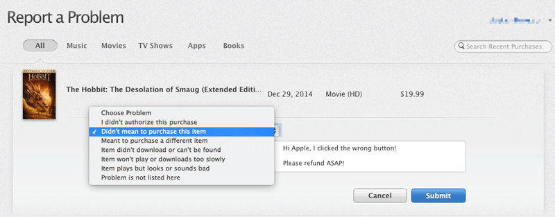 report a problem on itunes