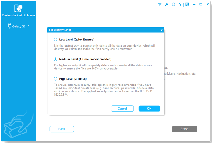 choose erasing level to wipw samsung