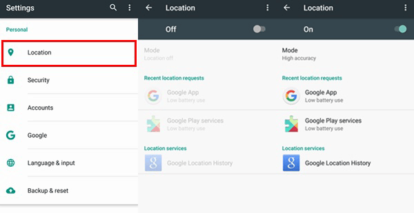 turn on location mode on android