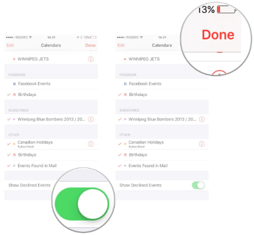 how to show declined calendars on iphone