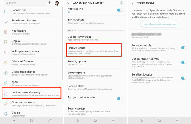 enable remote control of find my mobile on samsung