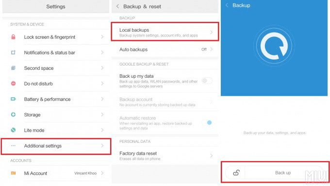 conduct mi backup via local backup