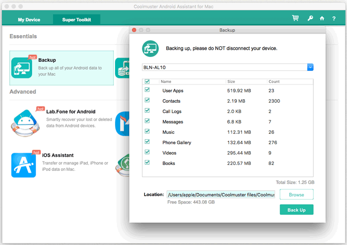 sync android with mac via coolmuster android assistant one-click backup