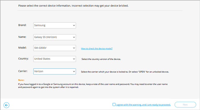 choose correct device info before repairing the samsung tablet frozen issue