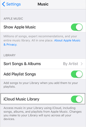 turn on icloud music library