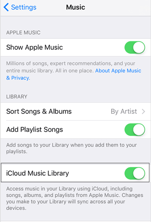 turn on icloud music library on iphone