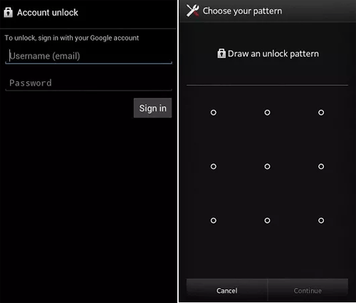 unlock android pattern or pin using google account