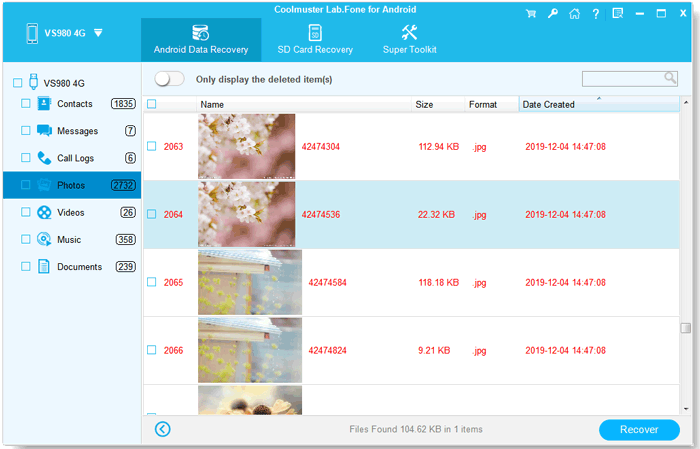 preview and select data before htc data recovery