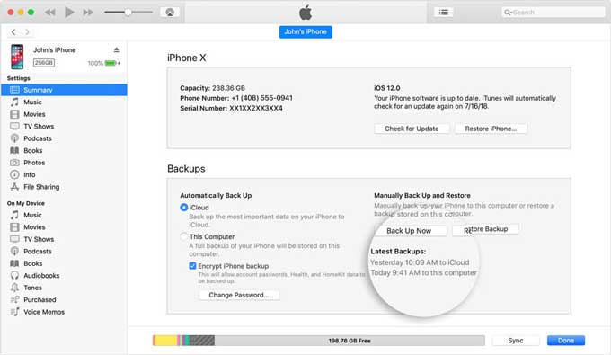 how to check last backup on iphone via itunes