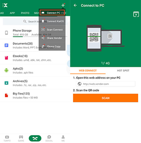 scan code to backup whatsapp messages from android to pc via xender
