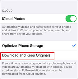 change icloud photos settings to fix iphone internal storage empty issue