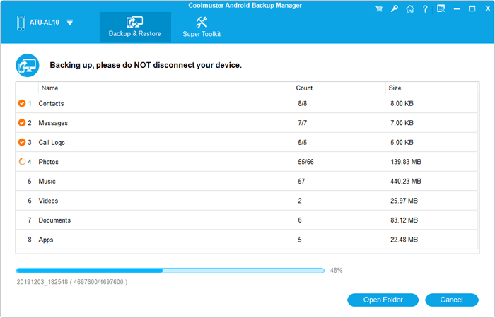 start to back up android data