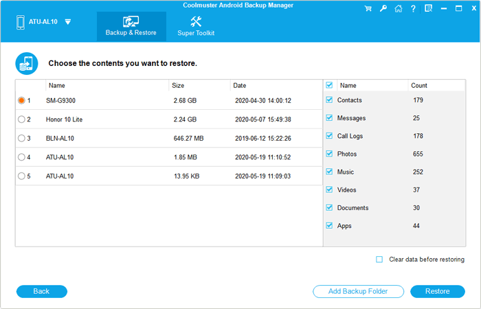 restore mi backup in one click via coolmuster android backup manager