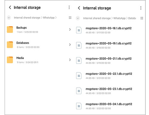 locate the whatsapp folder and hit the databases folder