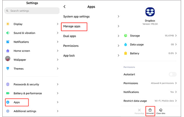 remove apps from android via settings