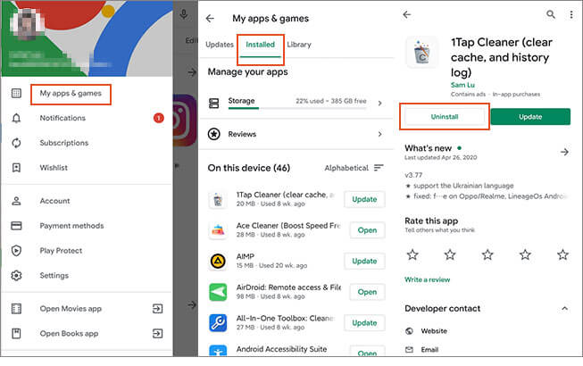 delete apps on android via google play store