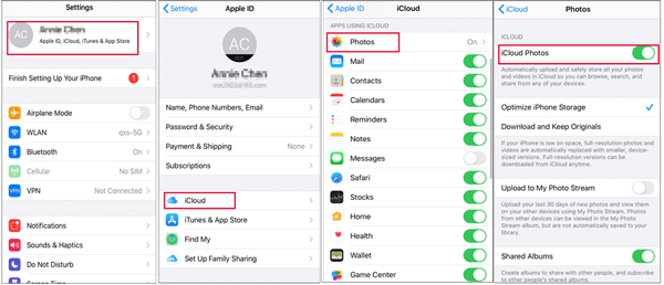 toggle the icloud photos button to on mode