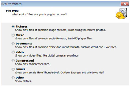 choose the file types of recuva software for android