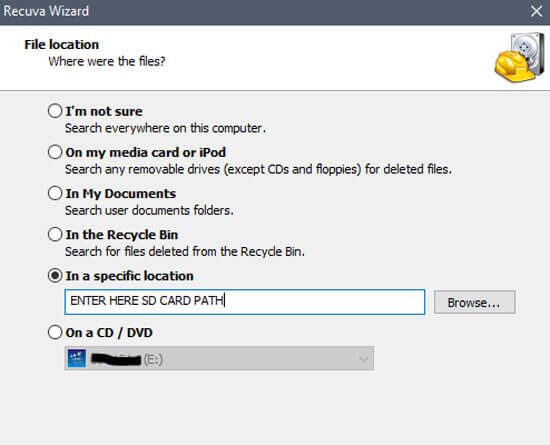 choose the location of recuva software for android