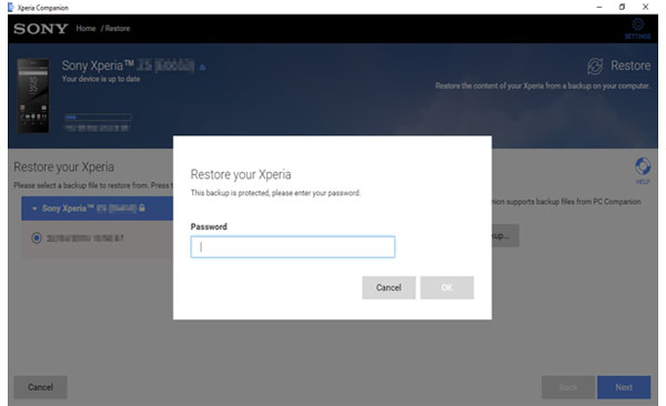 enter password to restore sony xperia backup
