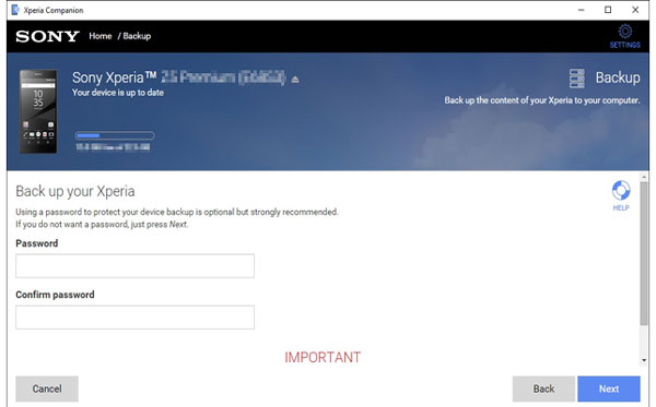 add password for sony xperia backup via sony backup and restore software