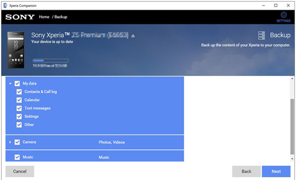 choose sony xperia backup via sony backup and restore software