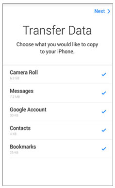 select items to transfer from android to iphone