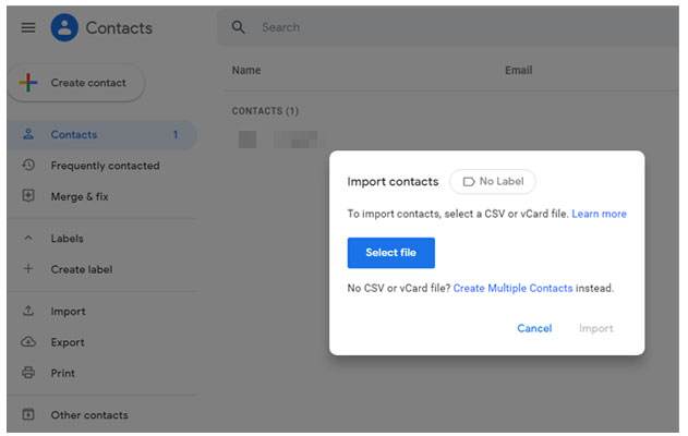 a screenshot of choosing your vcard file and import