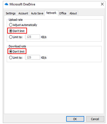 disable banwidth limit to solve onedrive not syncing issue